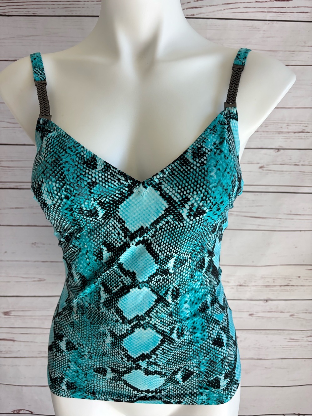 Gottex Silver Aqua Blue Snake Animal Print Beach Tankini Swimsuit Top Size 10